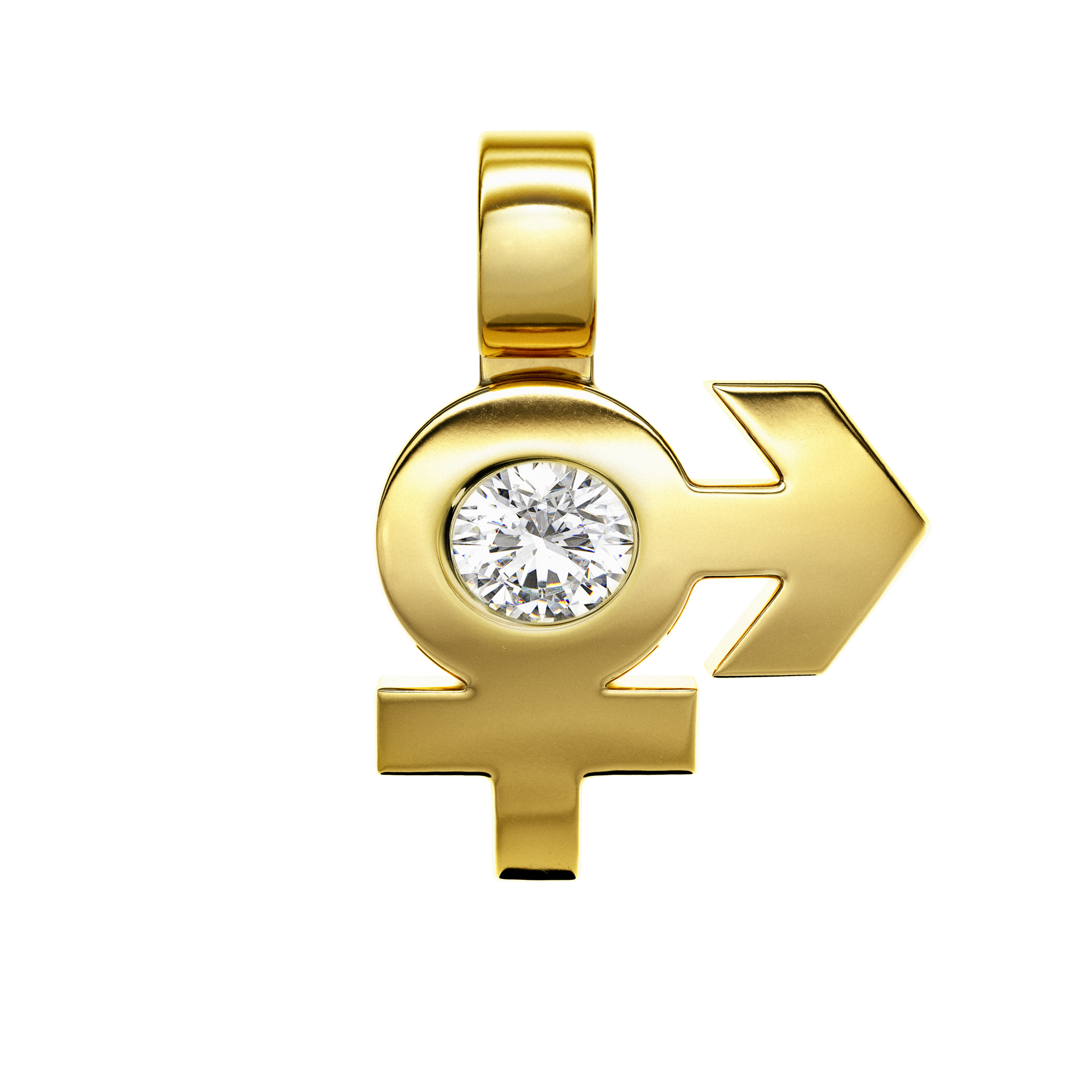 A detail of Signal ⚥ Pendant with Stone in Yellow Gold